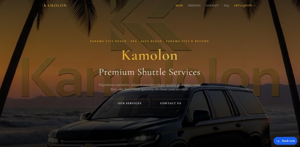 Kamolon premium shuttle website hero with Panama City Beach service area