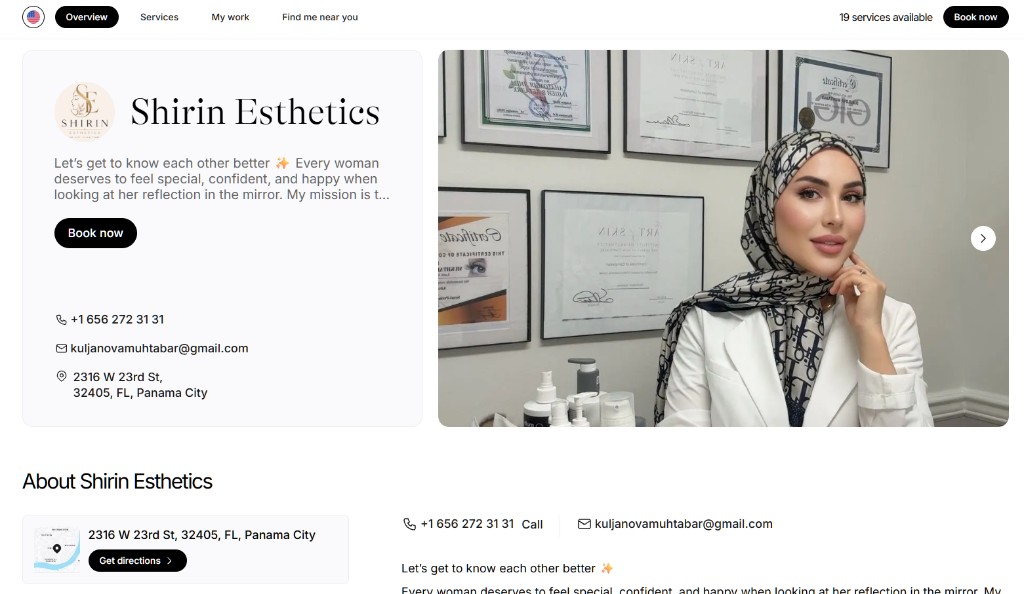 Shirin Esthetics booking page with services and a Book now button