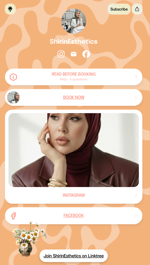 Shirin Esthetics Linktree page with booking and social links